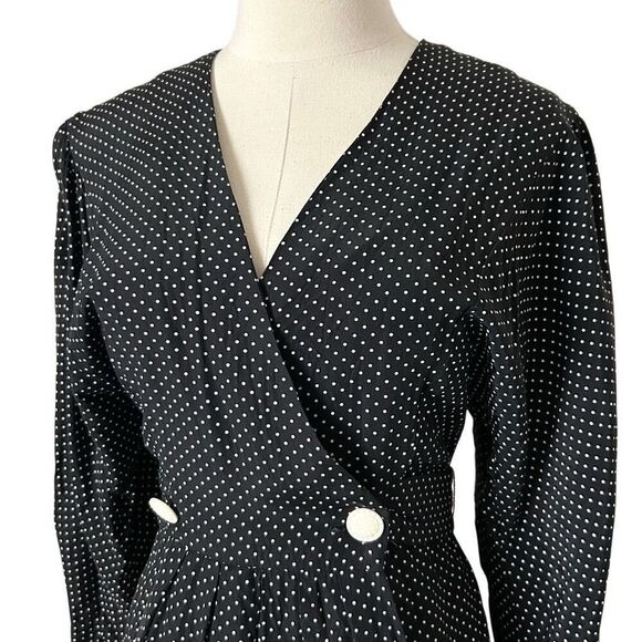 Vintage 80s All That Jazz Black and White Polka Dot Midi Wrap Dress Size Small - Picture 2 of 6